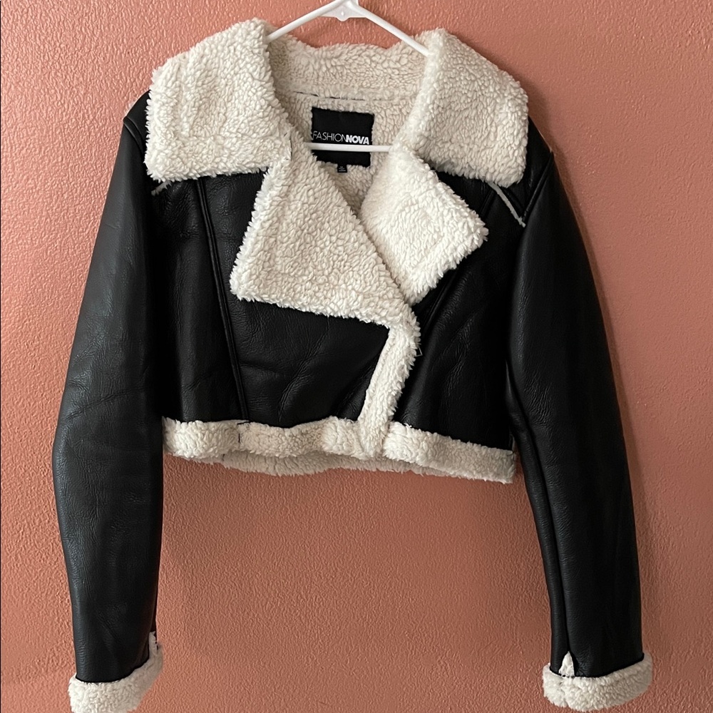 Fashion Nova Black and Cream Leather Jacket